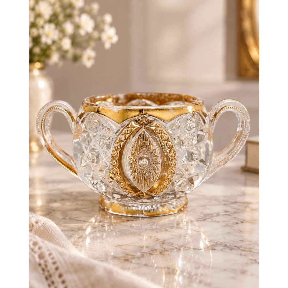 Vintage Pressed Glass Double Handle Sugar Bowl Gold Gilt Starburst Mid Century